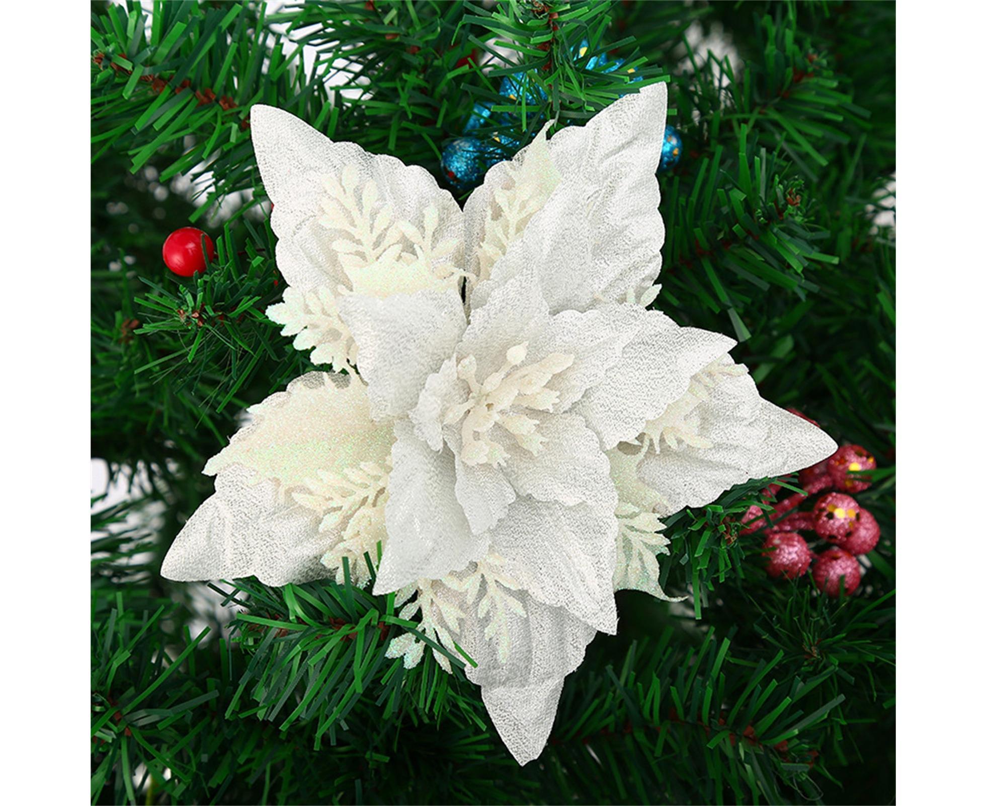 5Pcs Artificial Xmas Flower Leaves-Silver White — image 2