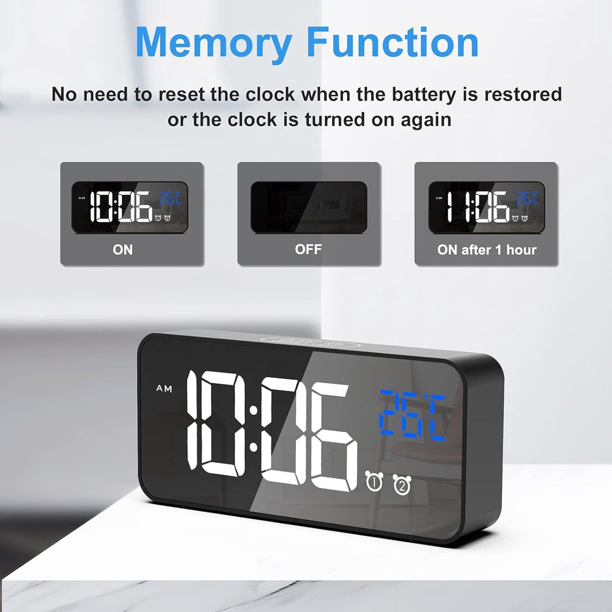 Digital alarm clock, LED digital clock with temperature display, portable mirror alarm clock, 13 alarm tones, USB rechargeable, 4 brightness settings and — image 2
