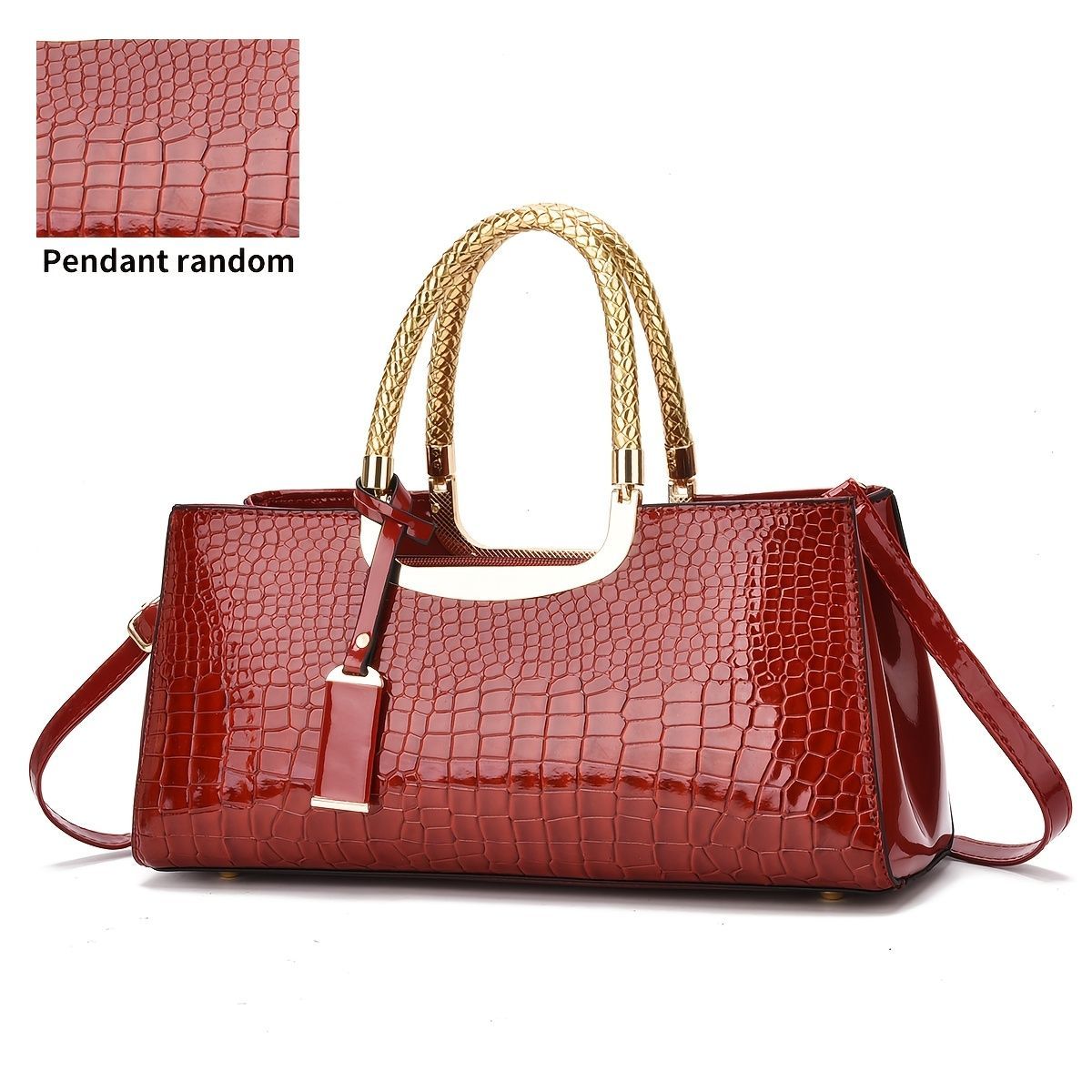 Black Tote Bag Patent Croc Embossed Gold Handles Stylish Accessory High Quality - Light Gray - Size L — image 4