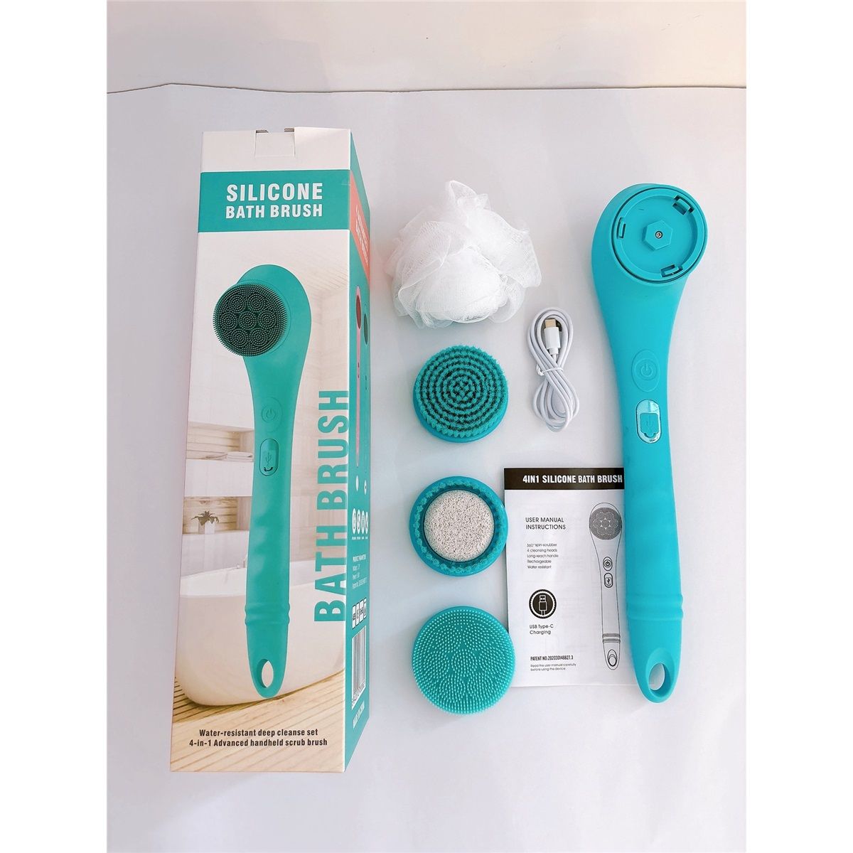 Electric Body Brush Back Scrubber Silicone Body Scrubber Two-Way Rotating Brush Head for Deep Cleaning, Exfoliation, 4 Attachments Long Handle IPX6