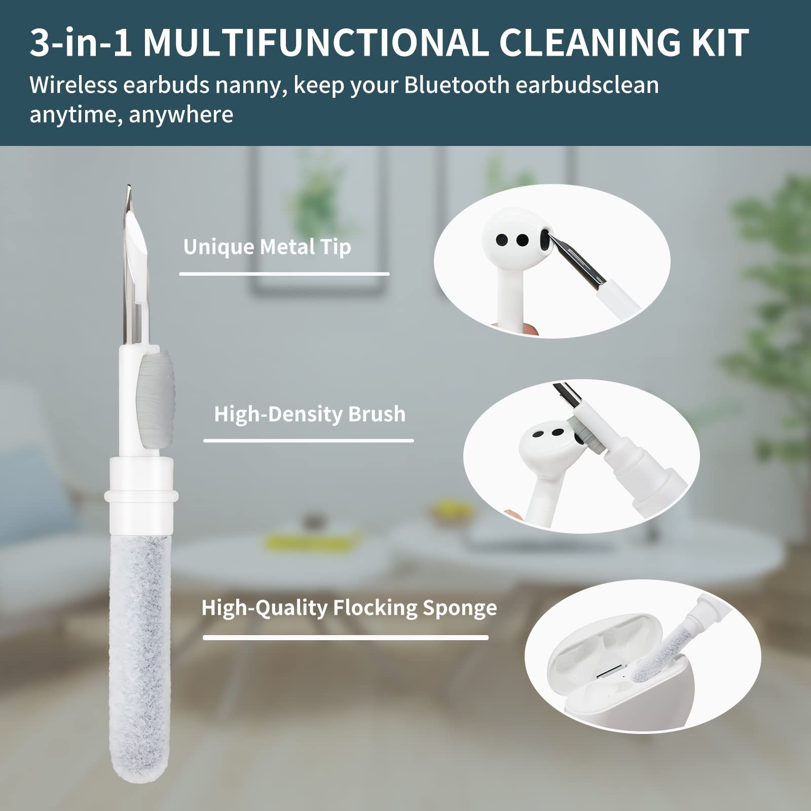 3-in-1 Multifunctional Earbud Cleaning kit with Sponge, Soft Brush, Metal Tip, Portable Reusable Bluetooth Earbuds Cleaning Pen — image 3