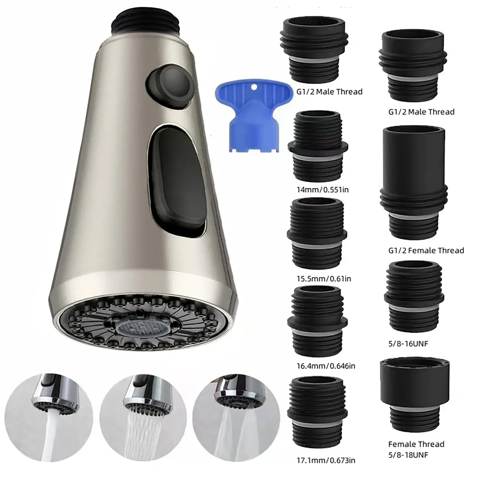 Pull Down Kitchen Faucet Spray Head Replacement, 3 Spray Modes, G1/2 Sink Aerator for Kitchen Sink, Brushed Nickel โ image 6