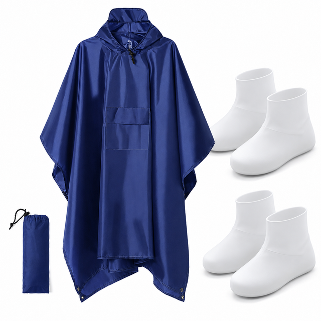 3-in-1 Blue Camping Rain Poncho / Outdoor Shelter Tarp / Ground Sheet (82.7 x 55 inch) with 2 Pairs Rain Shoe Covers - Large Backpack Coverage, Drawstring Hood