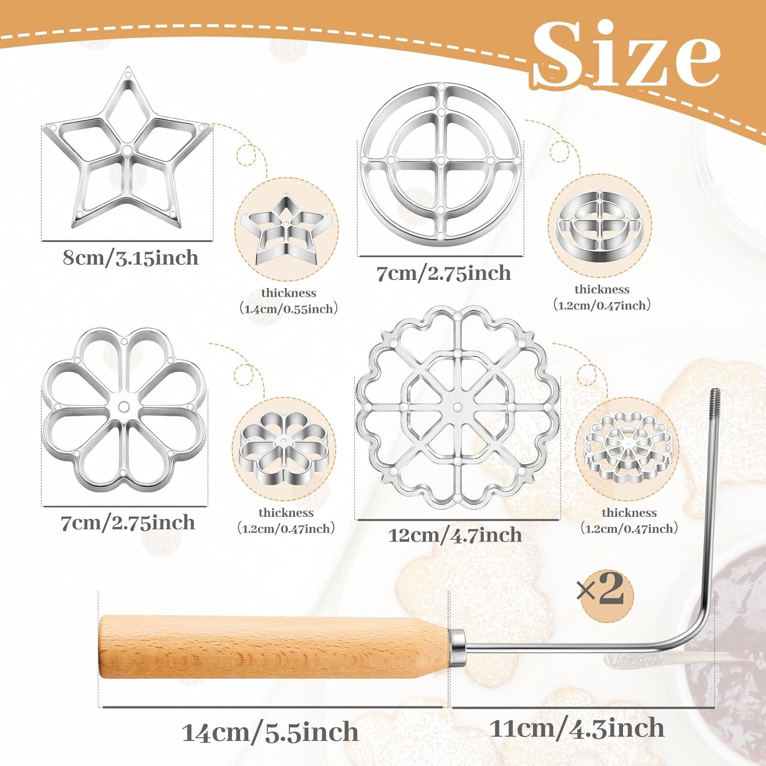 6 Pcs Rosette Iron Mold Set Bunuelos Mold with Handle Cooking Stamp Maker Kit Cookie Cutter Aluminum Alloy Waffle Maker with 3 Interchangeable Head Star Flower โ image 2