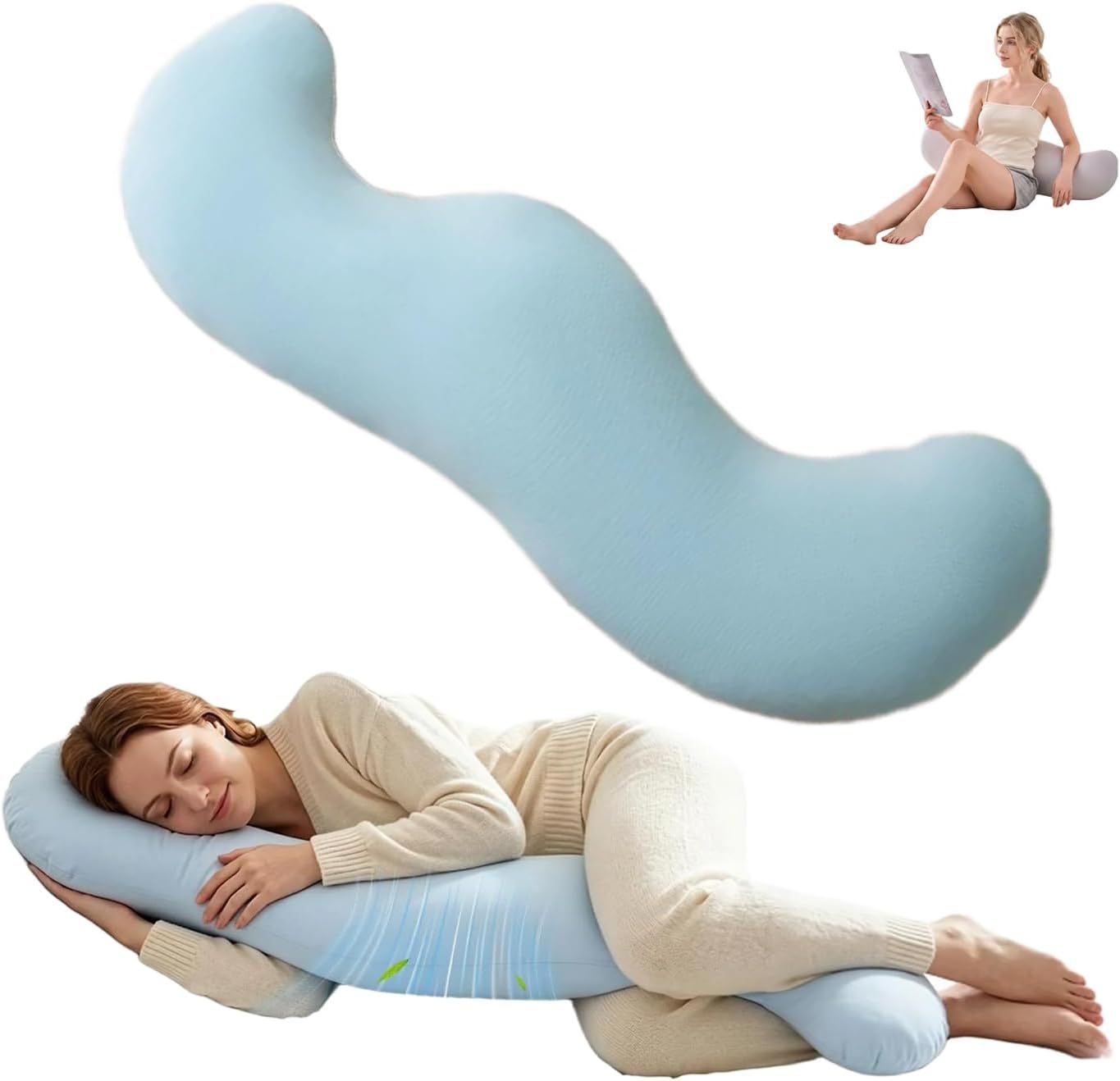 Pea Pod Shape Body Pillow for Adults Full-Body Support Side Sleeper Pillow, Pregnancy Back Pain Relief, Soft Hug Pillow with Memory Fiber Filling(Light Blue,43