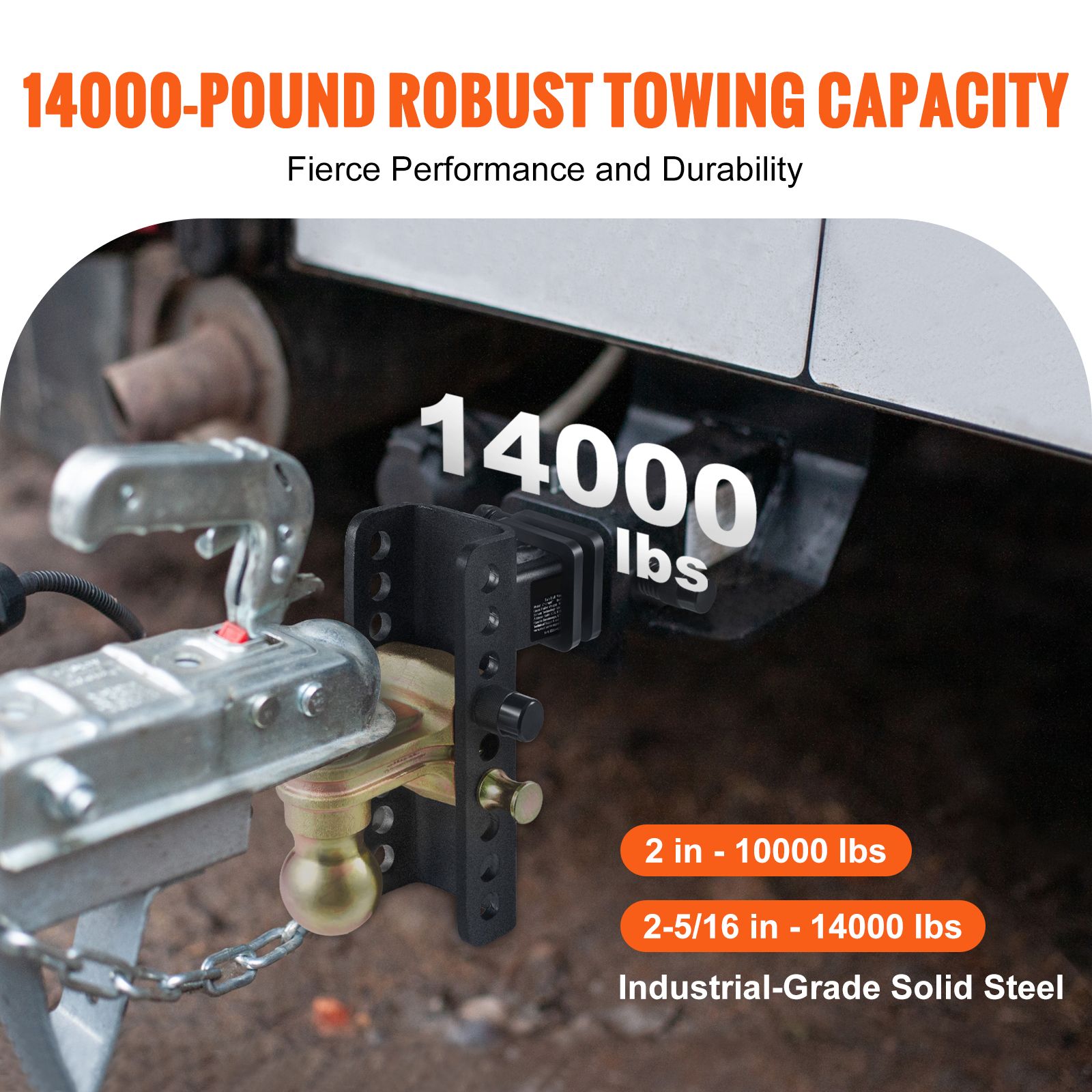 Adjustable Trailer Hitch, 152.4 mm Drop & 114.3 mm Rise Hitch Ball Mount with 50.8 mm Receiver, Solid Tube, 6350 kg GTW, 50.8 mm and 58.7 mm 45# Steel Tow โ image 3