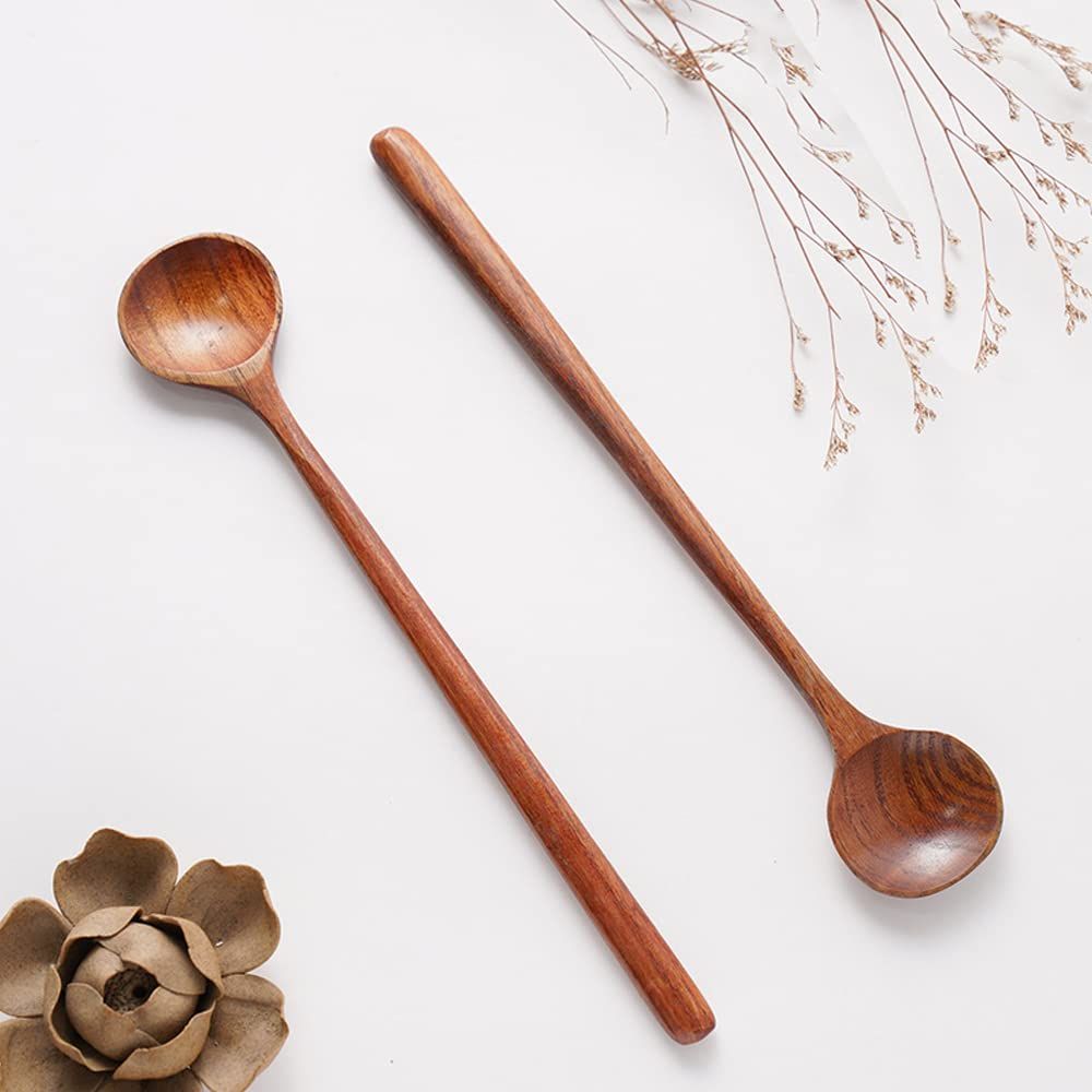 Wooden Soup Spoon, 2PCS Wooden Long Spoons Korean Style Natural Wood Long Handle Round Spoons Long Soup Spoons โ image 2