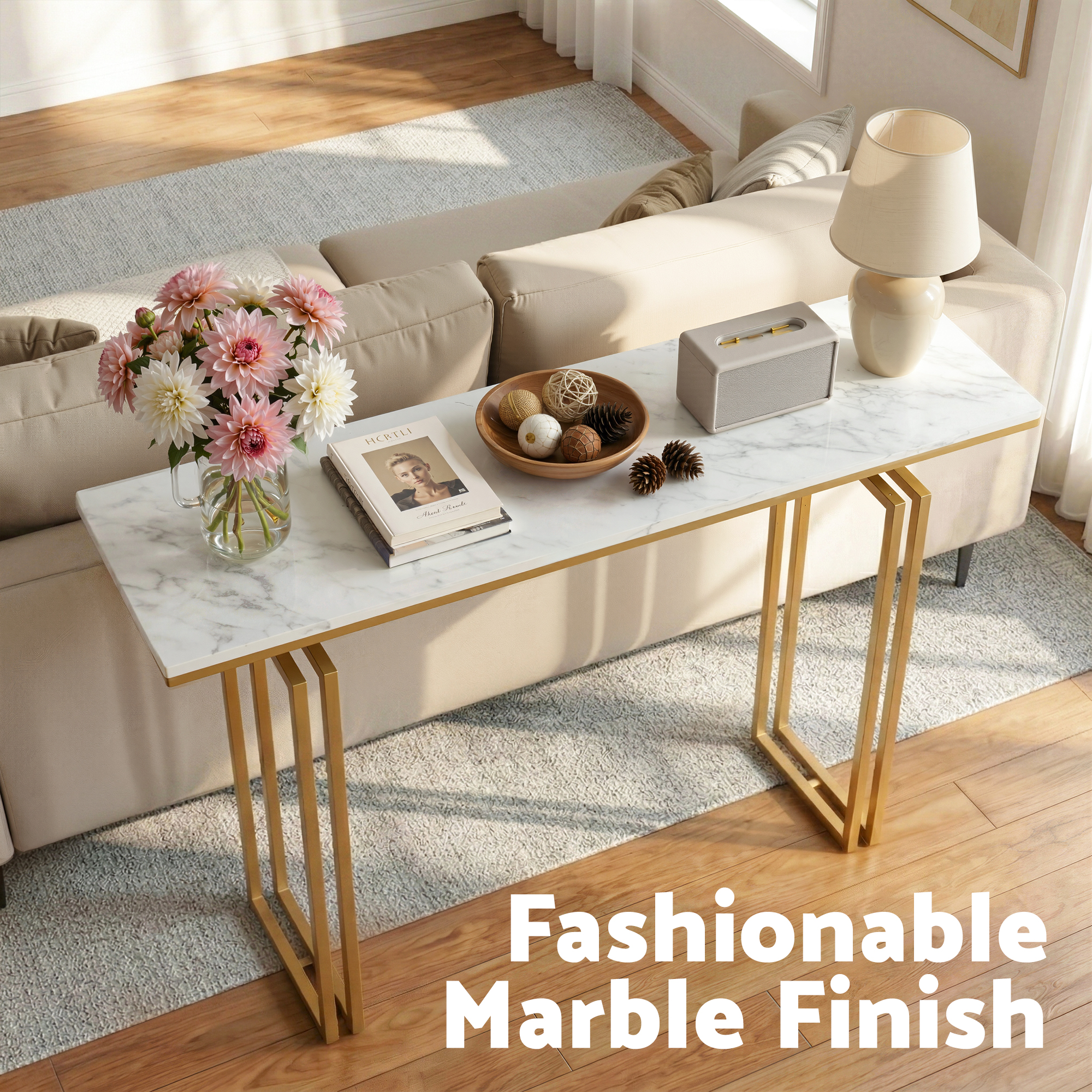 Artiss Console Table Hallway Entryway Table Marble Effect 110CM White & Gold โ image 5