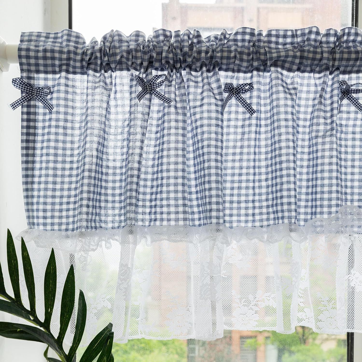 Blue and white checkered curtains, lace semi transparent kitchen curtains, living room semi curtains (blue 106 * 45cm) โ image 3