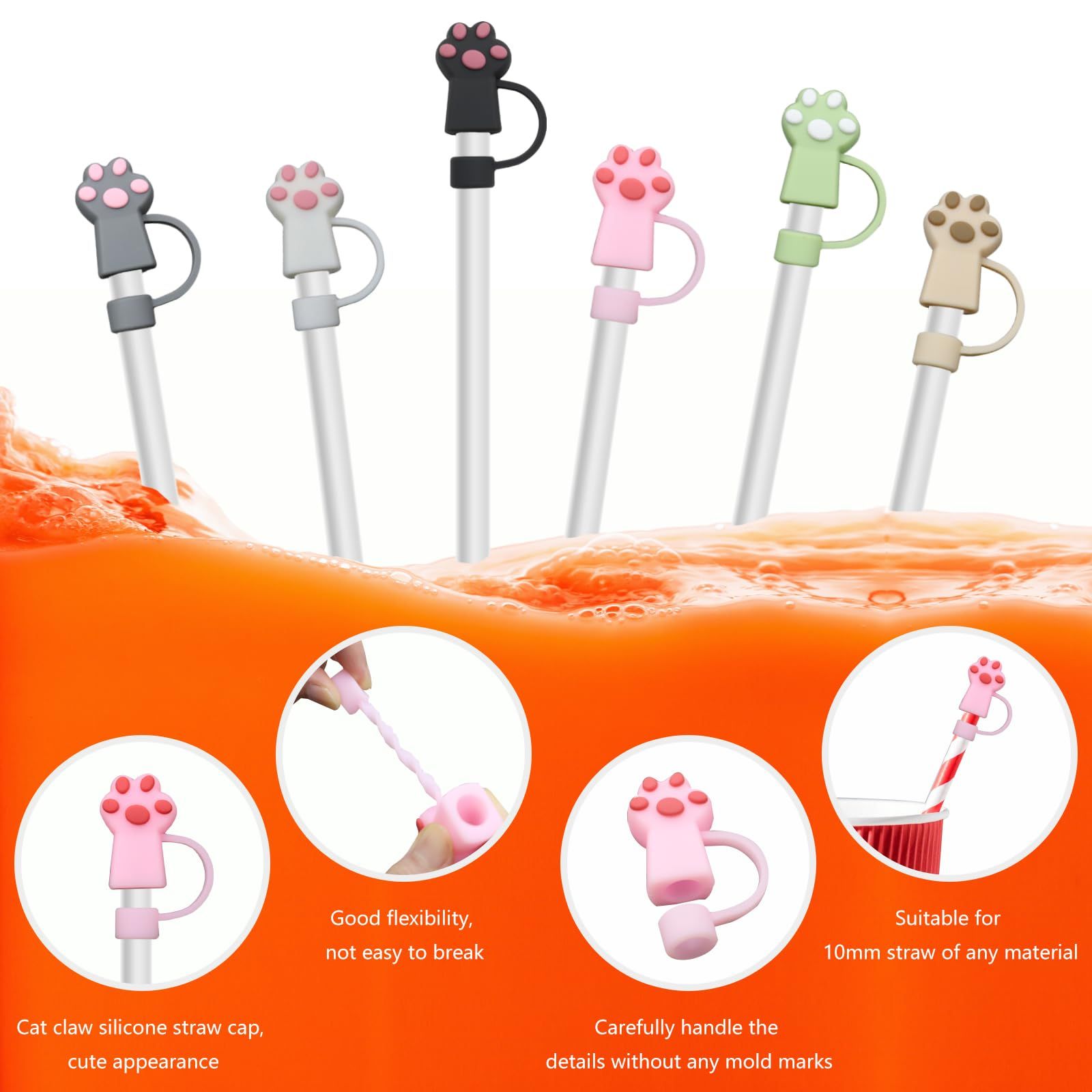 6 PCS Cute Straw Cover Toppers for 10 mm Straw, Silicone Straw Tips Lid Compatible, Stoppers Protector Reusable Drinking — image 3
