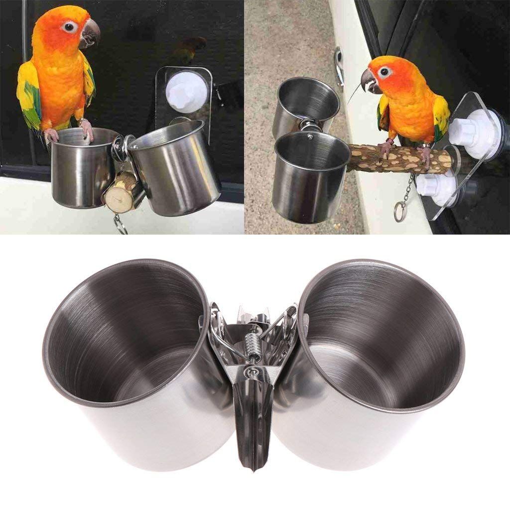 Bird Parrot Feeding Double Cups Stainless Steel Food Water Bowls with Bird Seed Feeder Cups Hanging Bowl Cage Stand Accessories — image 5