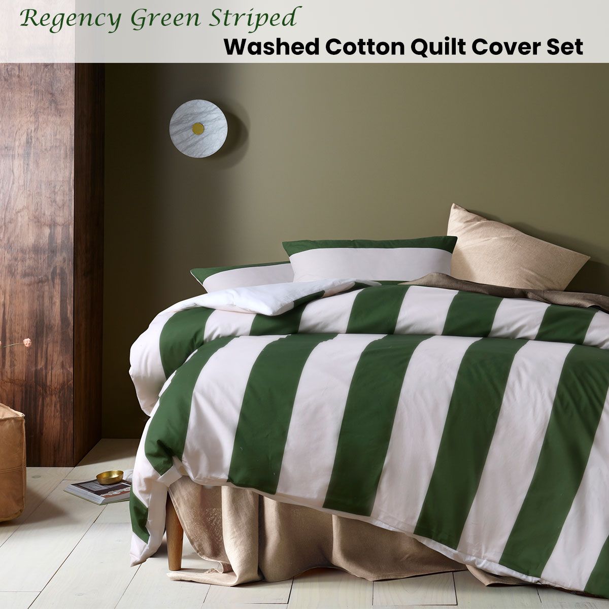 Accessorize Regency Green Striped Washed Cotton Quilt Cover Set Queen — image 2