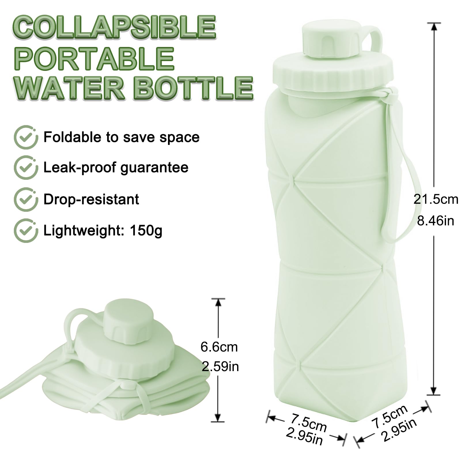 Collapsible Silicone Water Bottle 600ML – Foldable, Leak-Proof, BPA-Free, Portable Outdoor Sports Bottle with Carrying Strap – Compact Design for Hiking, Gym — image 2