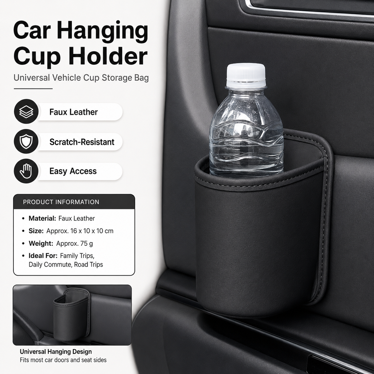 Black Universal Car Door Cup Holder - PU Leather Hanging Storage Organizer for Seat Back and Console side and Door storage compartment - Multi-Purpose Beverage