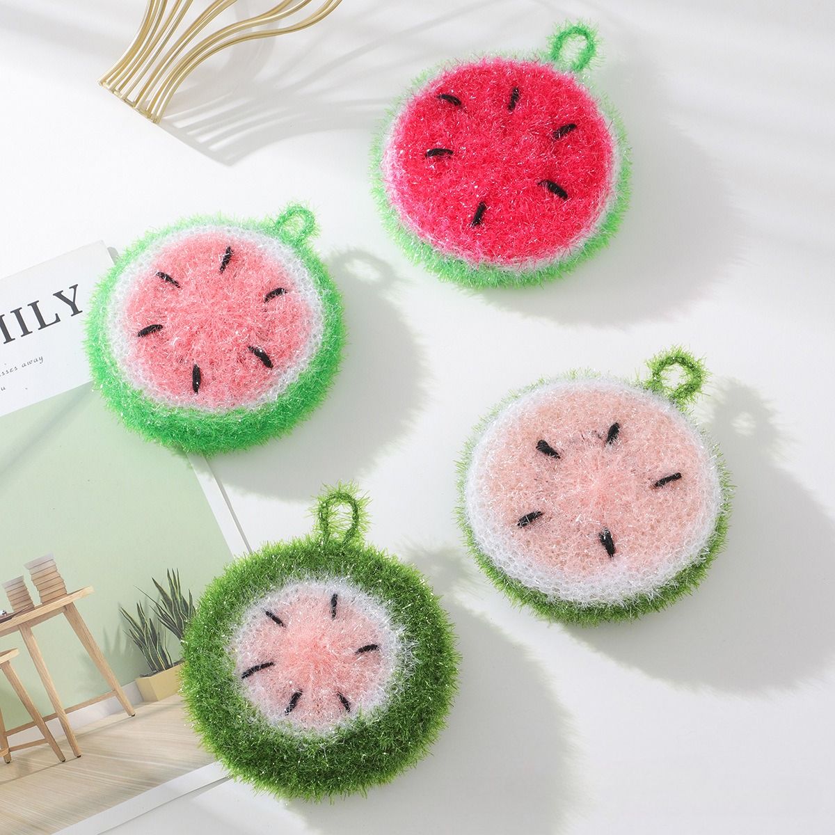 4pcs Random Color Watermelon Dishwashing Brush Acrylic Dishwashing Towel Round Ball Bowl Brush Korean Thickened โ image 4