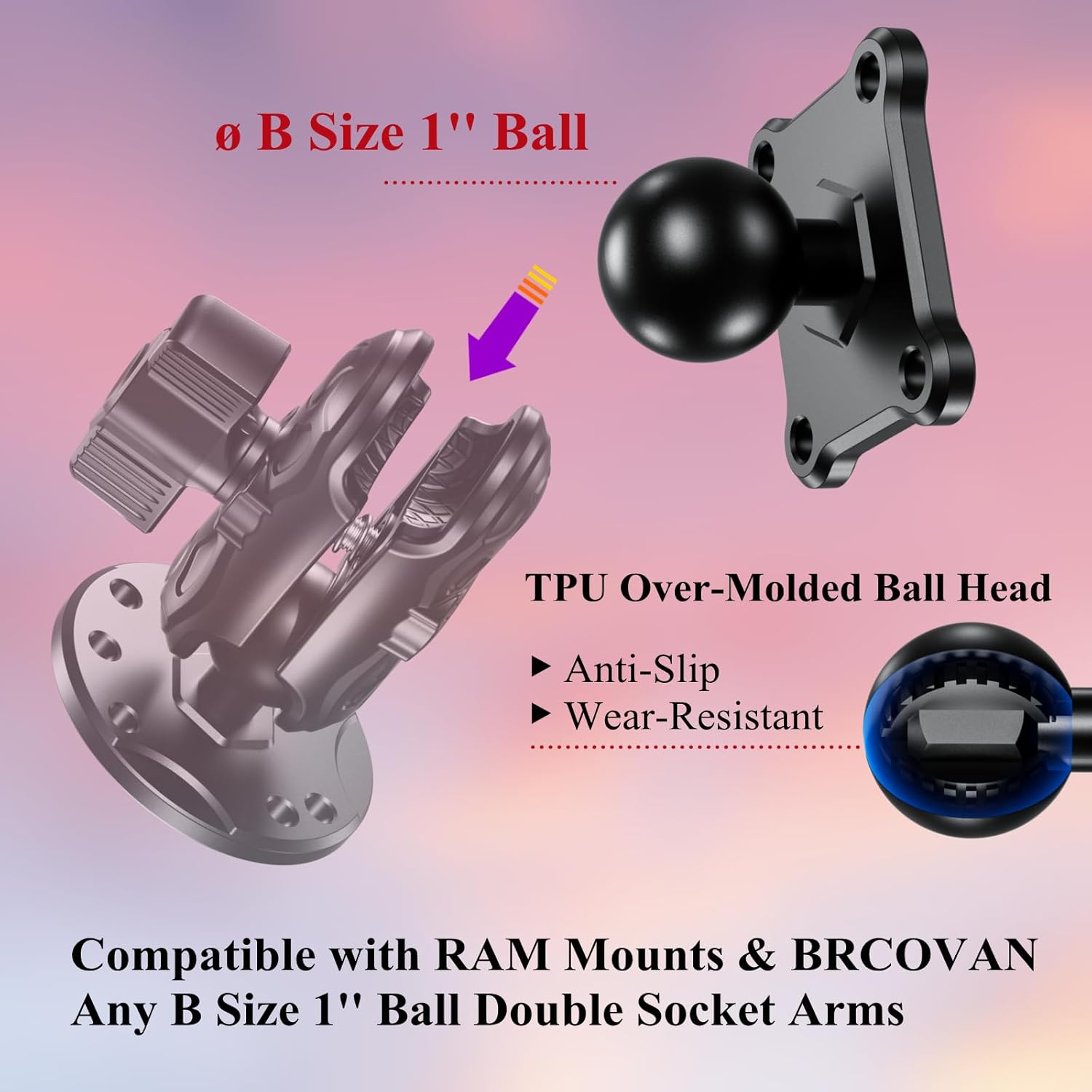 1'' Ball Mount Base with Aluminum Alloy 4-Hole AMPS Square Plate Compatible with RAM Mounts B Size 1 Inch Ball Double Socket Arm โ image 4