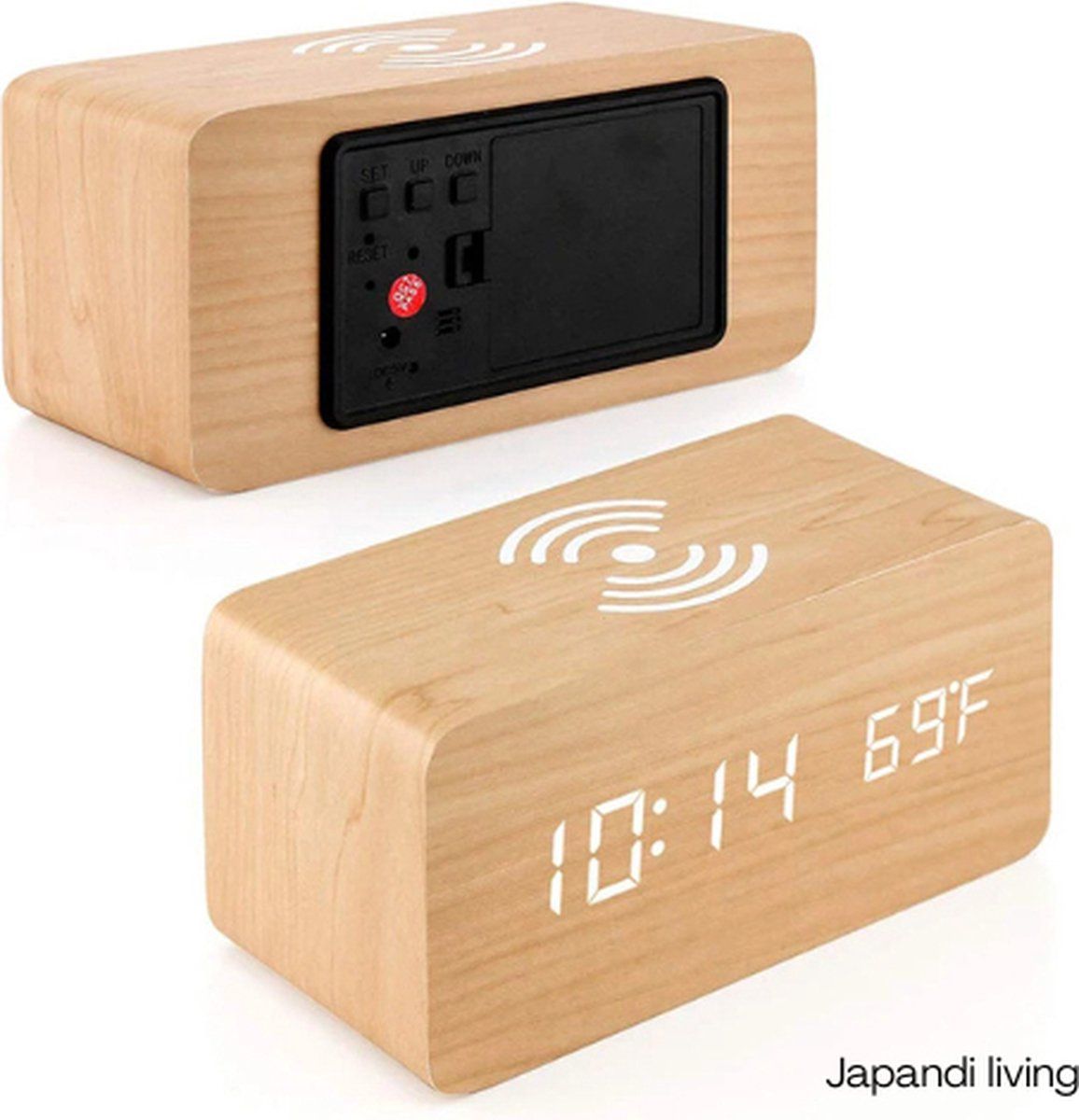 Dark Wood-Look Digital Alarm Clock with Wireless Charging, Date and Temperature Display — image 4