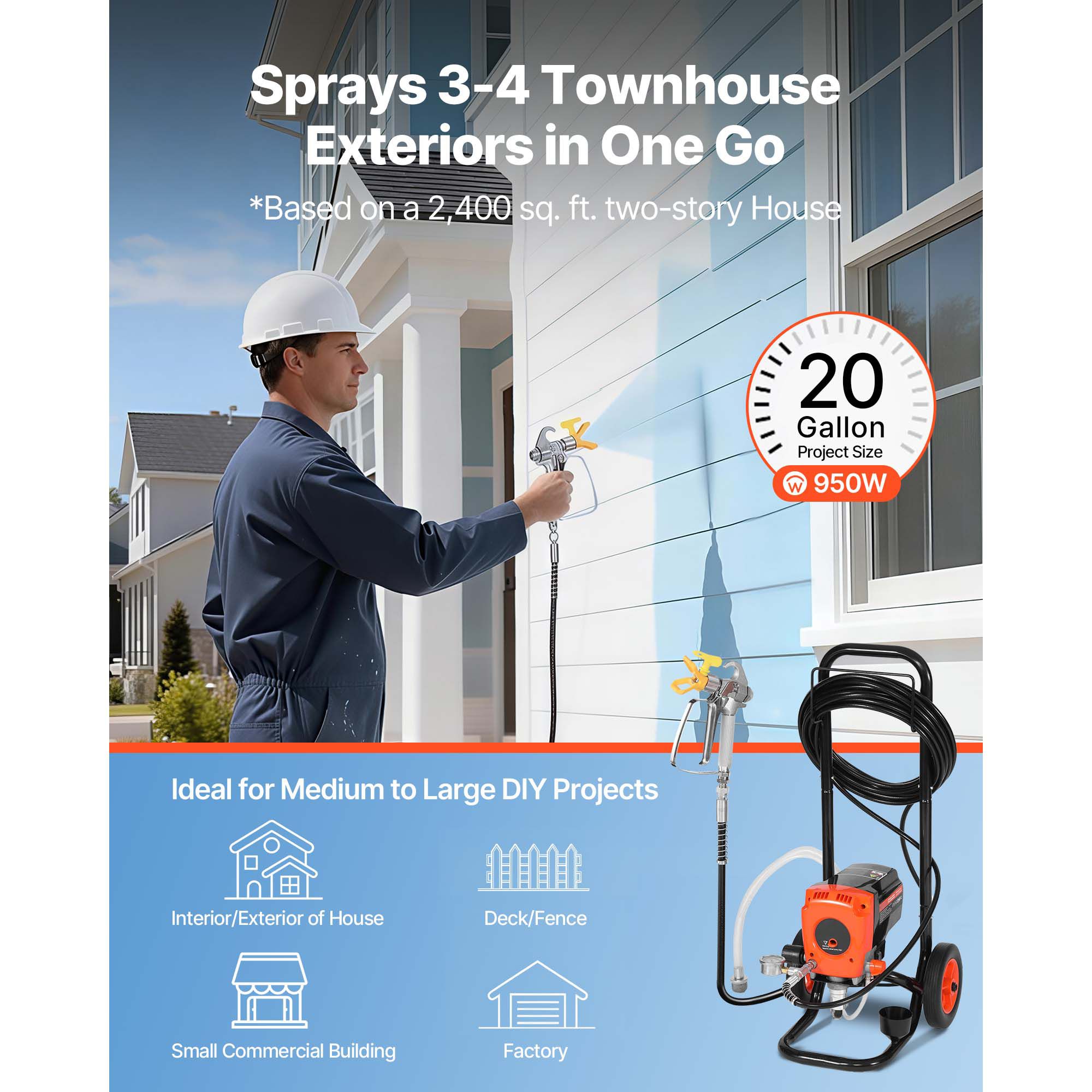 Stand Airless Paint Sprayer, 950W, 3300PSI High Pressure Airless Sprayer with Cart, Cleaning Brush, Hose, Extension Rod, Nozzles, Electric Spray Paint Machine โ image 2