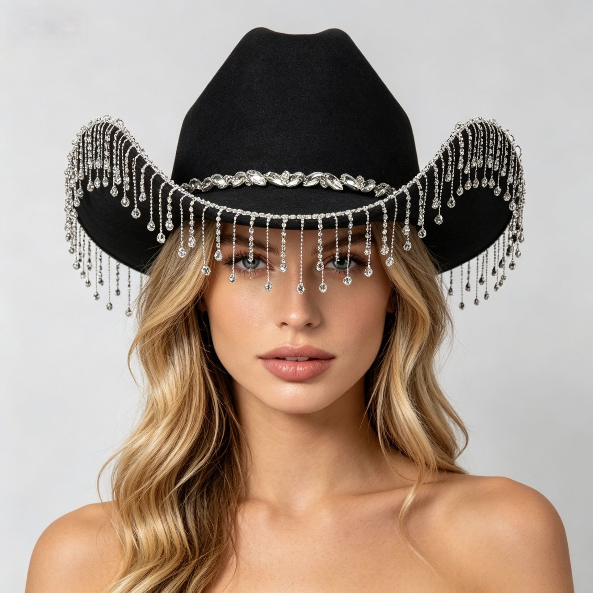 Western Cowboy Hat with Rhinestone Tassel Fringe - Black Felt-Style Party Hat with Decorative Chain for Festivals, Weddings and Stage Outfits โ image 2