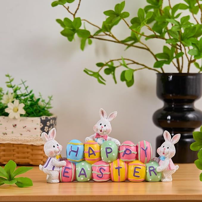 3 Bunny Holding Eggs and Happy Easter Decorations, Resin Easter Bunny Rabbits Figurine Tabletop Centerpiece for Spring Decor Easter Home Office Party Decor — image 5