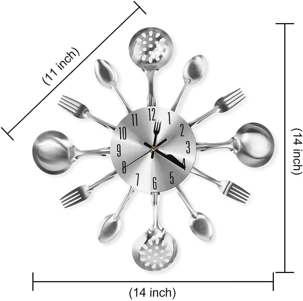 Metal Kitchen Cutlery Wall Clock 14 Inch with Fork Spoon 3D Non Ticking Quartz Watch Clock for Bedroom Home Decor,Silver — image 4