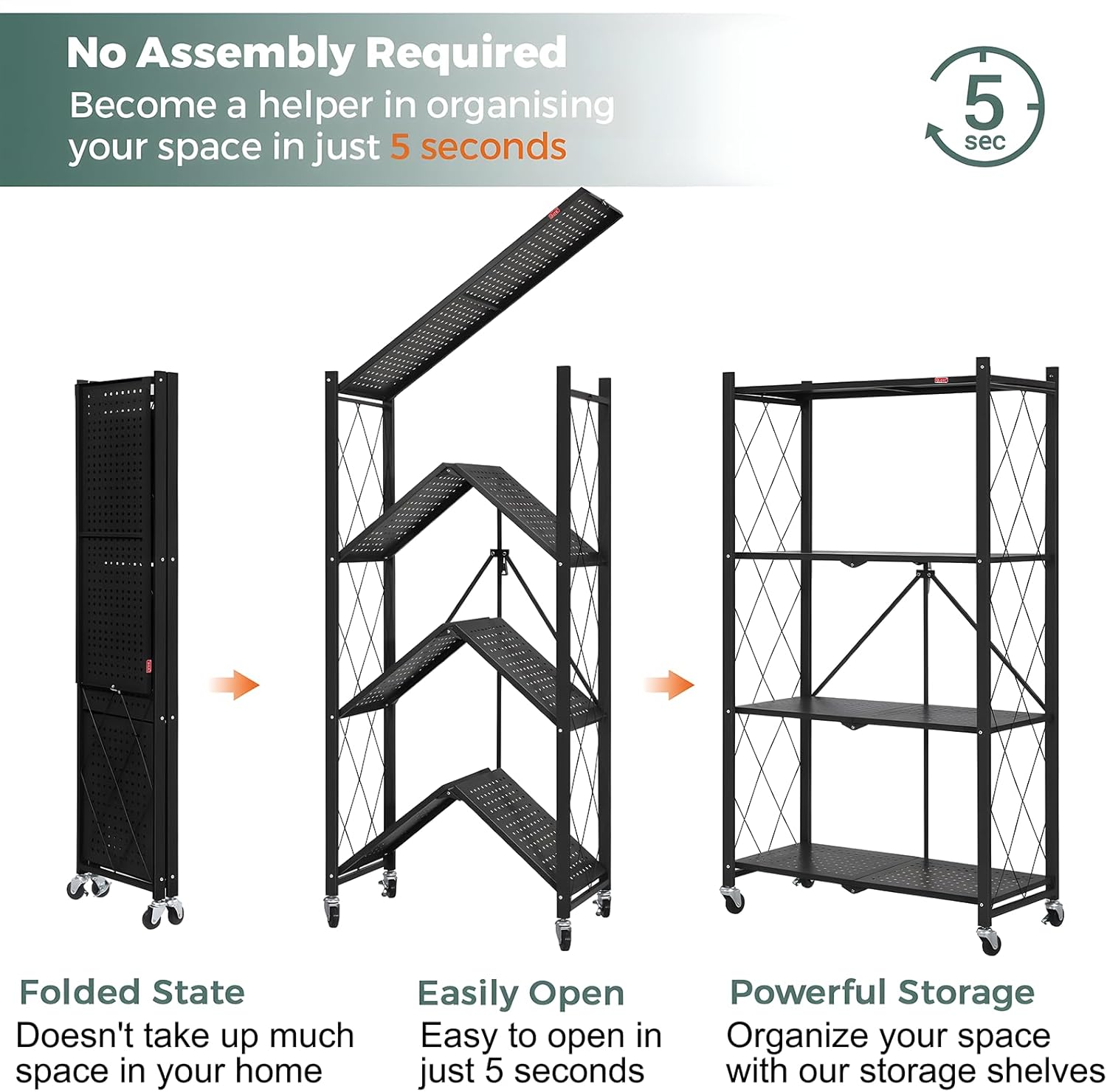 CARLA HOME 5-Tier Foldable Storage Shelf with Wheels for Kitchen, Garage, Pantry or Basement (Black) — image 4