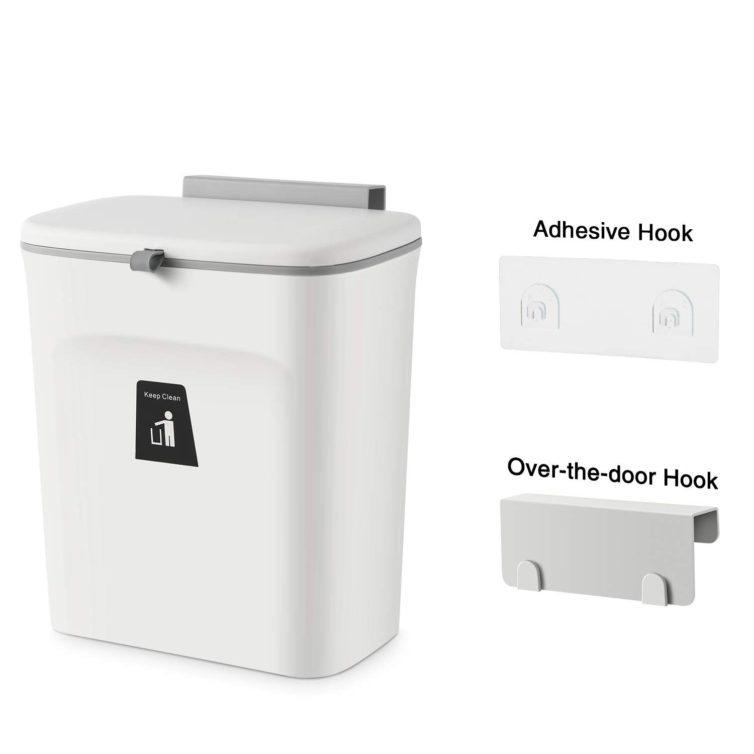 2.4 Hanging Trash Can for Kitchen Cabinet Door with Lid, Wall Mounted Counter Waste Compost Bin, Plastic (White) — image 2