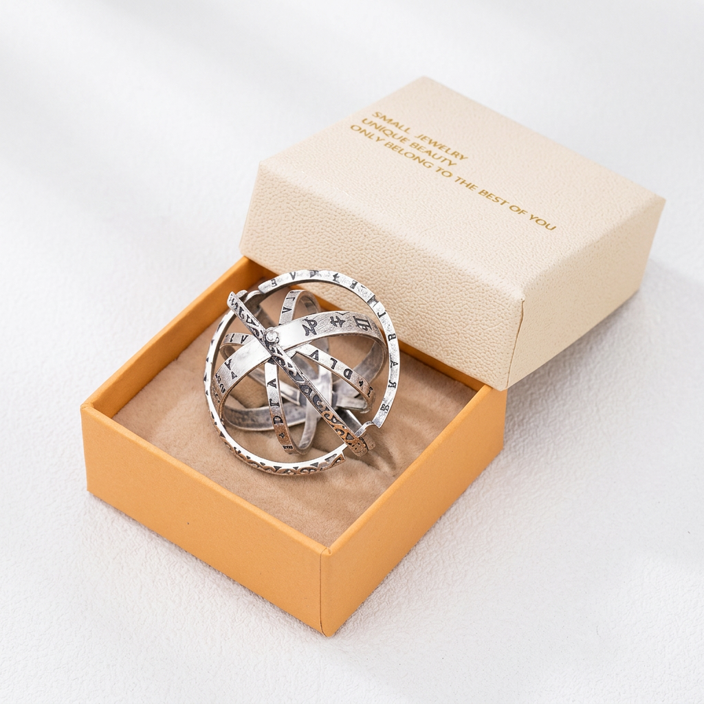 Silvery US 10 Transformable Astronomical Sphere Ring - Alloy - 2-in-1 Ring and Pendant Design, Rotating Globe Structure, Retro Cosmic Style, Unisex Fashion