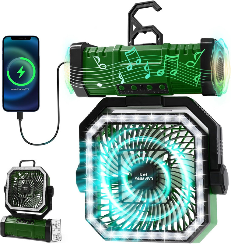 20000mAh Portable Camping Fan, Rechargeable Battery Operated Oscillating Camp Tent Fan W/Remote control, 4 Speeds, LED lights & 360° Rotation Hook for Outdoor