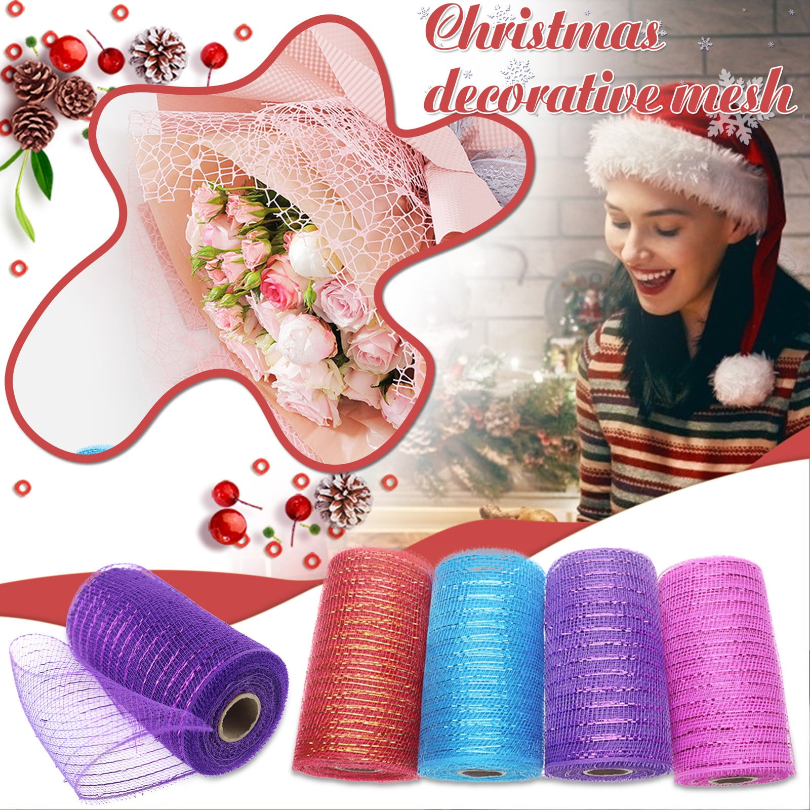 Poly Mesh Ribbon,6x338 Inch,Red Foil Mesh for Wreaths,Swags and Christmas Tree Decoration Ribbli Metallic Mesh Ribbon, Red Foil Mesh for Wreaths, Swags and — image 2