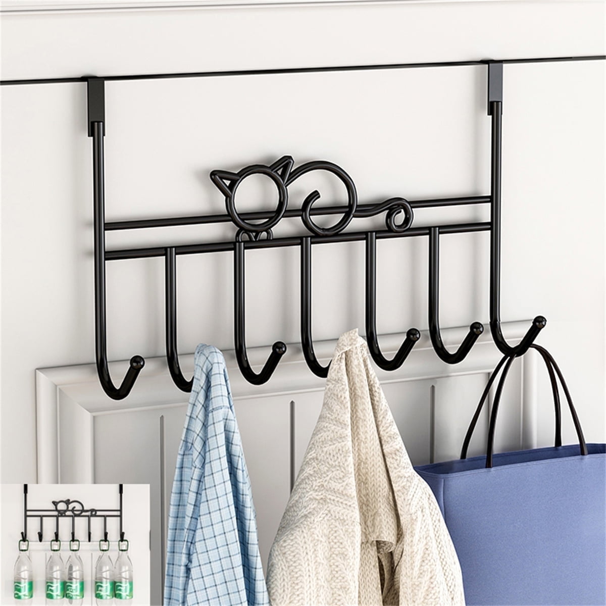 Over the Door Hook,Cat Design Wall Hooks Over Door Hook with 7 Hooks for Back of Bedroom Bathroom Door Punch-Free Coat Rack Organizer Clothes Key Holder Towel — image 3