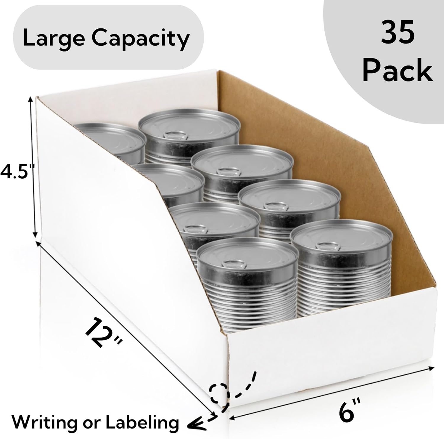35 Pack Cardboard Storage Bins, 12" x 6" 4.5" Corrugated Open Top Box, White Pantry Shelf Organizer Bins for Parts Snacks, Ideal Garage Warehouse Home Packing โ image 2