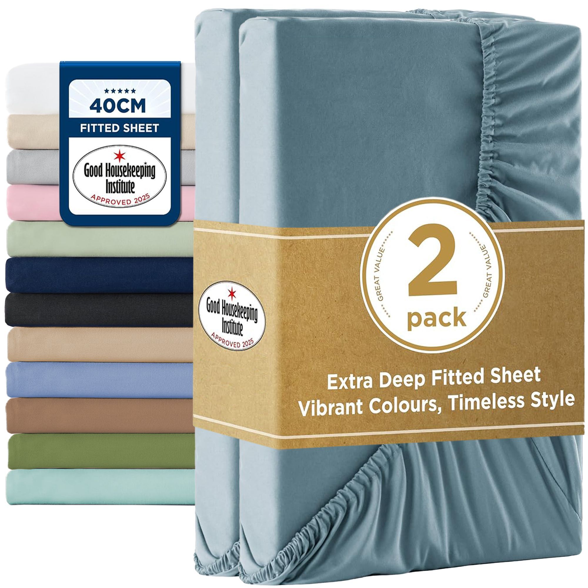 2000TC Hotel Quality Fitted Sheets - 2 Piece Fitted Sheets -Breathable Bedding - Wrinkle, Fade, Stain Resistant- 16inch/40cm Deep Pocket Fitted Bed