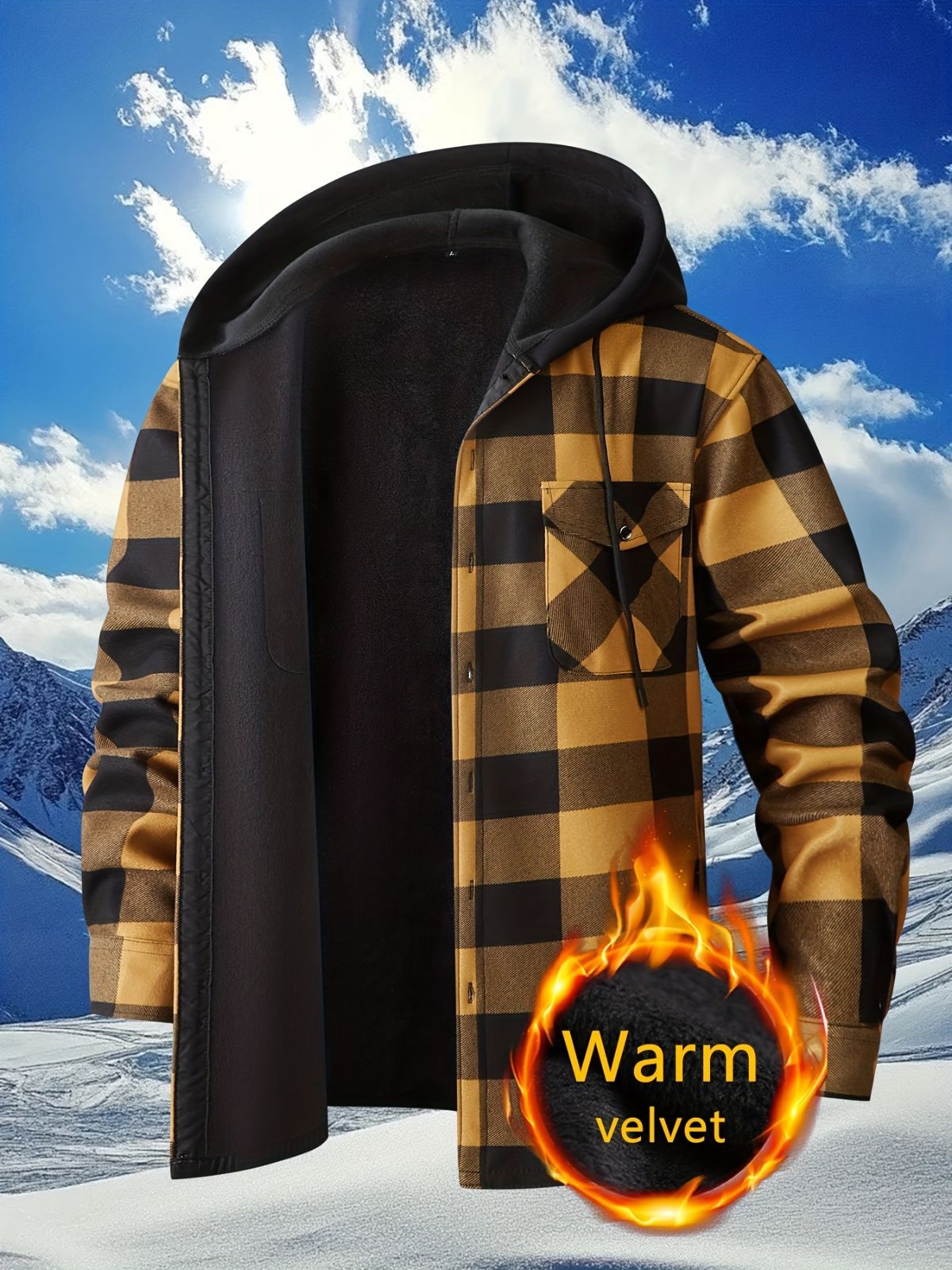 Plaid Hooded Jacket with Velvet Lining - Green - Size 3XL(AU 3XL/EU56) — image 3