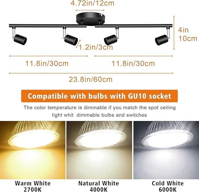 Kitchen Lights,Ceiling Lighting Kits, Swivelling Ceiling Spotlight for Bedroom, Kitchen and Living Room(GU10 LED Bulbs not Included) (4 Way Black) — image 2