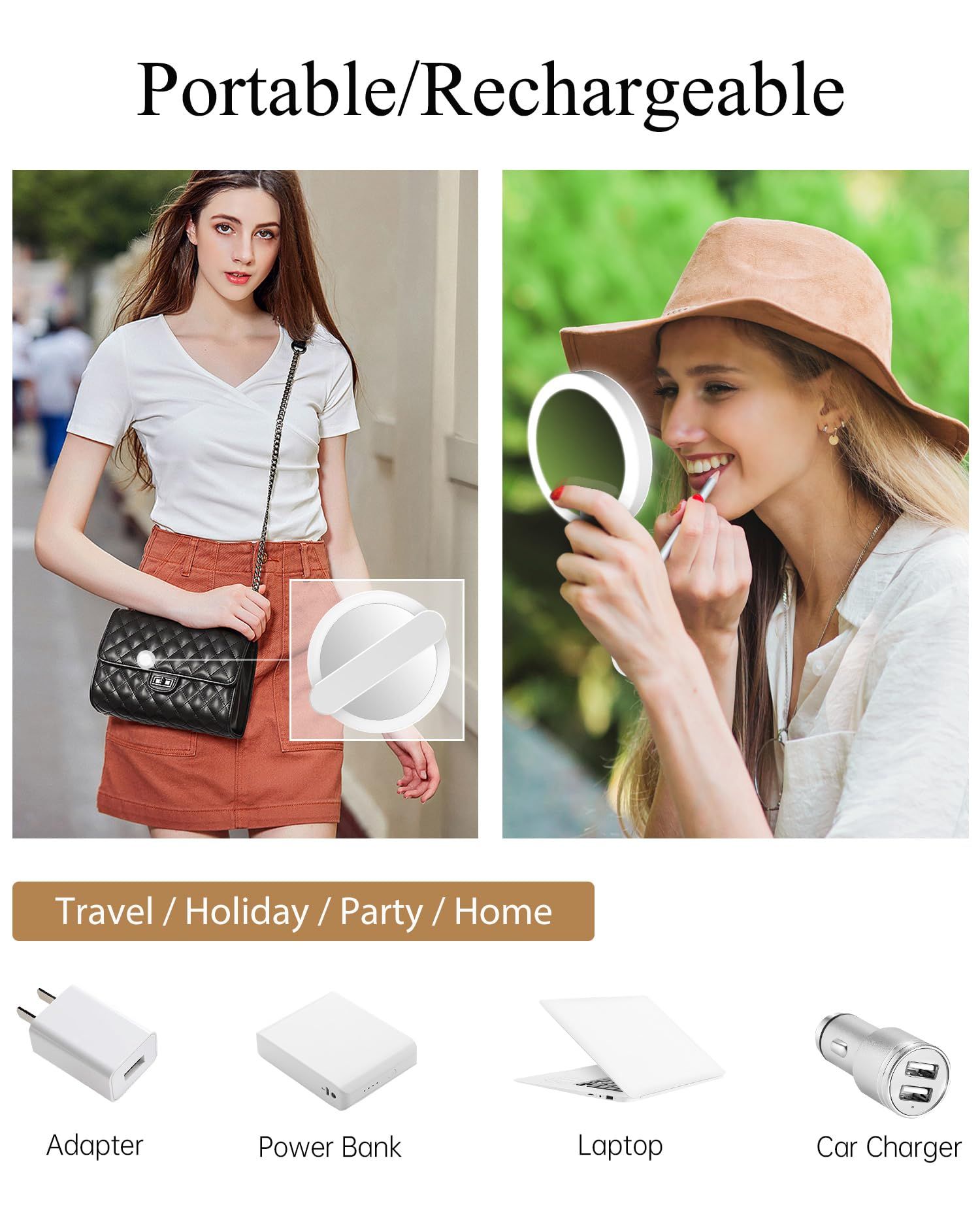 Handheld Mirror with Lights with Swivel Handle, Compact, Pocket, Purse, Folding, with USB Charging — image 4