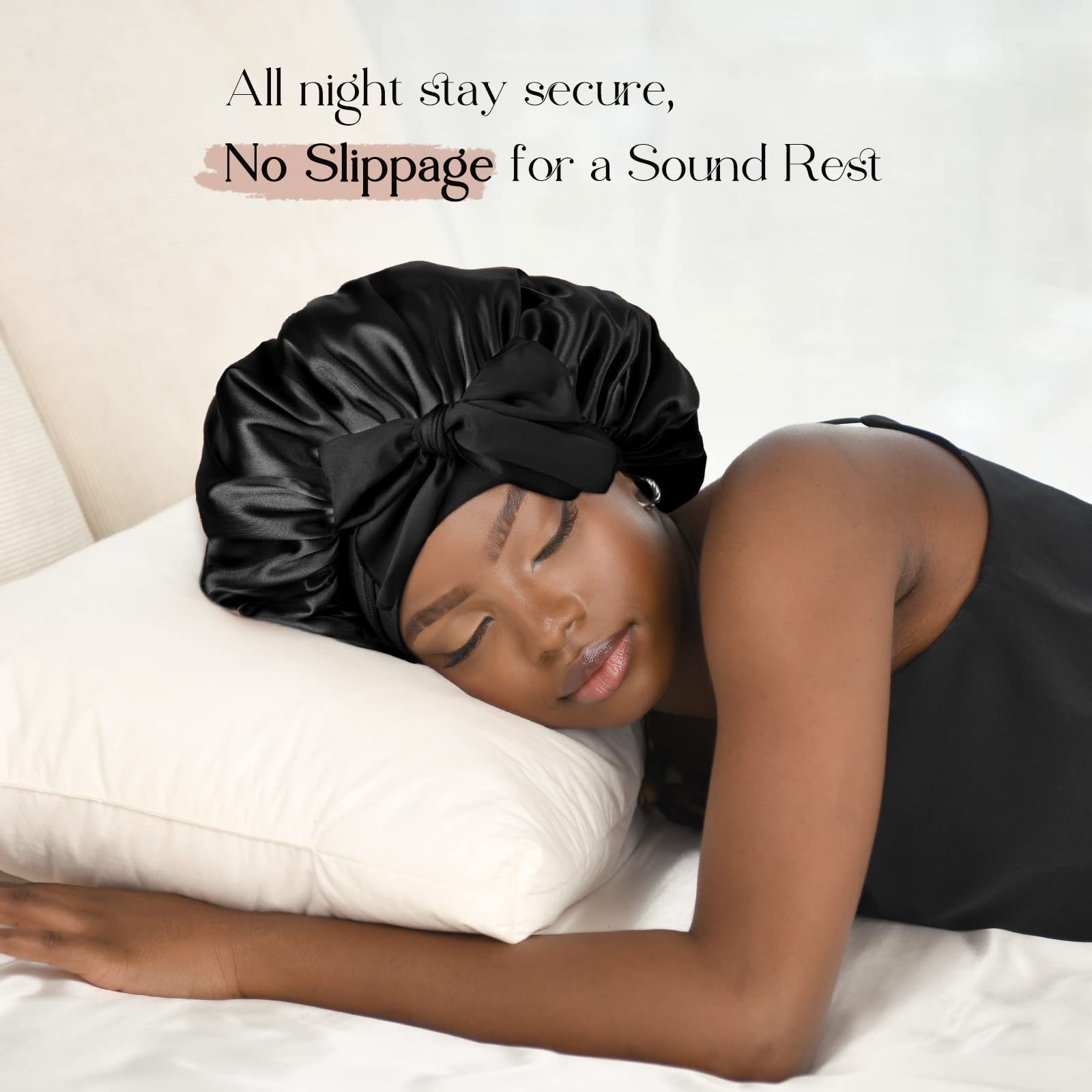 Pink Luxury Double Layer Satin Bonnet with Bow Tie - Large Hair Protection Sleep Cap for All Hair Types โ image 2