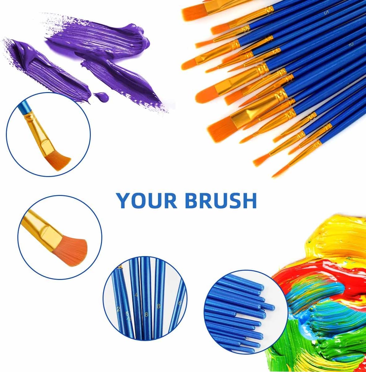 20 Pcs Paint Brushes Painting Brush for Acrylic Oil Watercolor Flat and Round Set Washable Artist Small Bulk Toddler Hog Bristle Art Pack — image 2