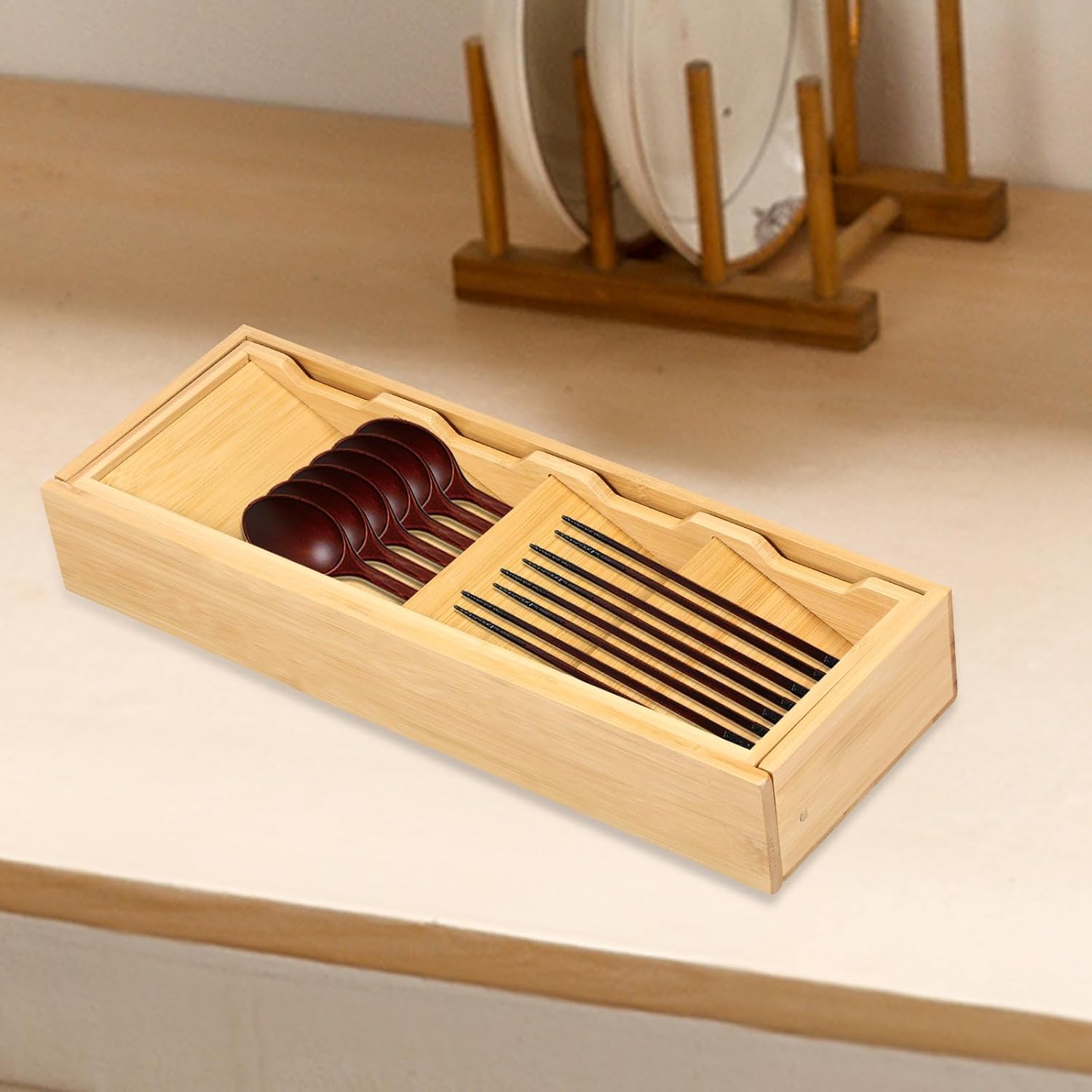 Kitchen drawer organizer - cutlery organizer - expandable bamboo storage box - cutlery rack - telescopic cutlery organizer โ image 4