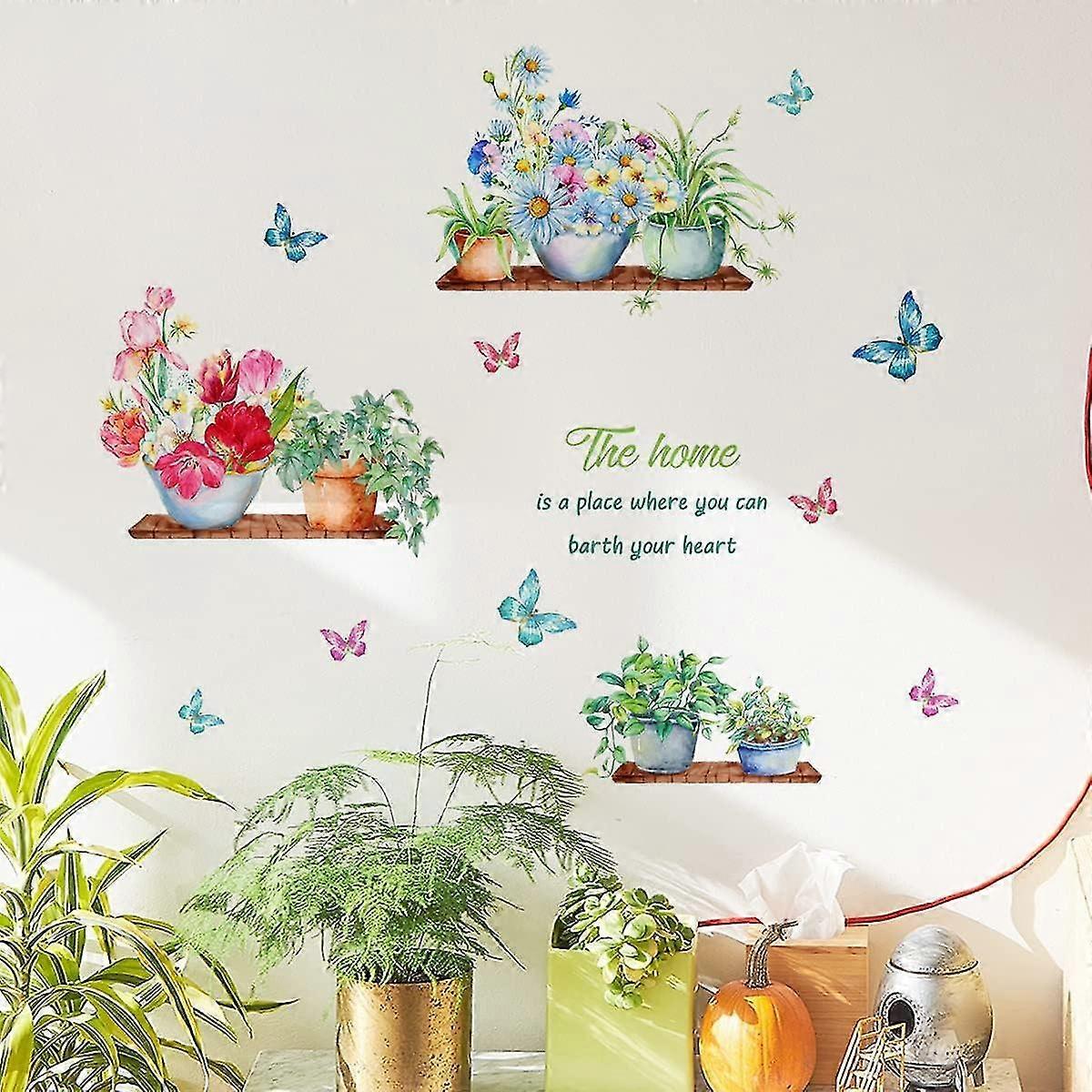Green Potted Plants Wall Stickers Butterfly Flower Plant Wall Sticker For Kitchen Living Room Decoration — image 3