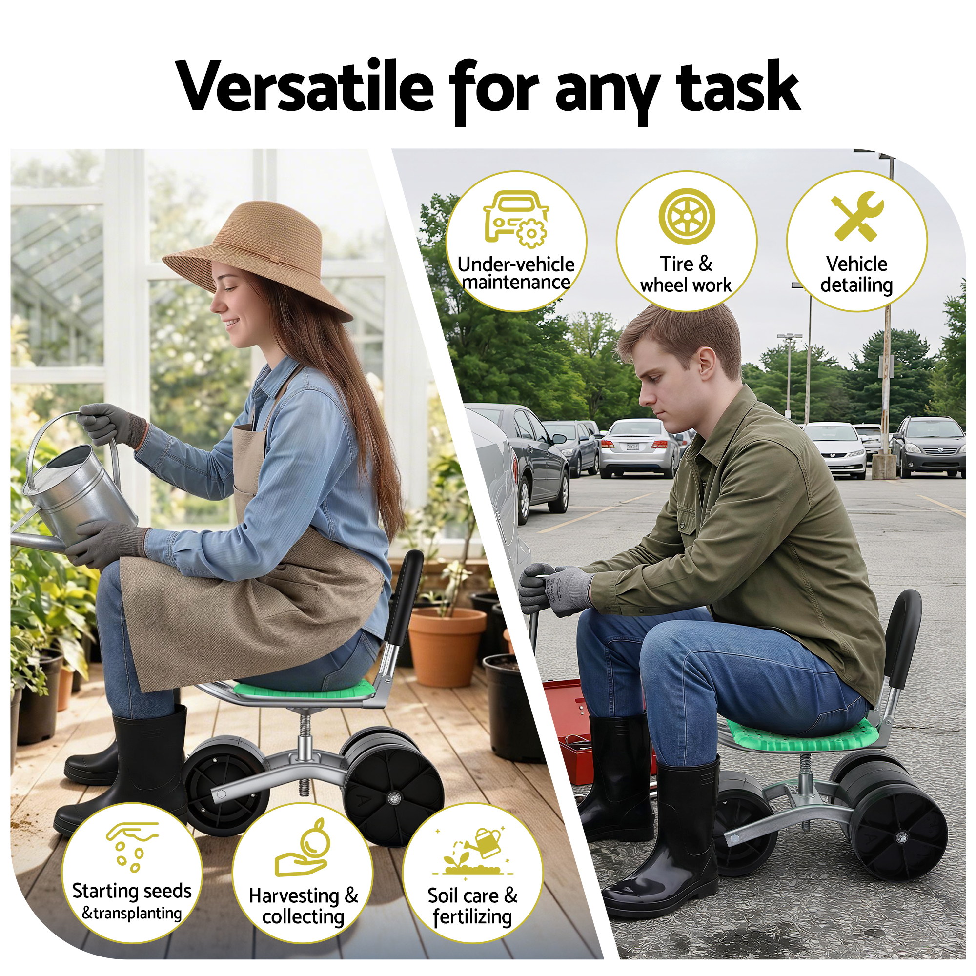 Gardeon Gardening Cart with 360° Swivel Seat | Rolling Work Seat with Adjustable Height & All-Terrain Wheels | 130KG Capacity Heavy Duty Garden Scooter for — image 4