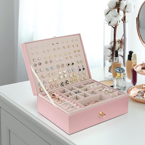 Jewelry Box for Storing Necklaces, Earrings, Bracelets and Rings, Large PU Leather with 3 Layers Stackable Jewelry Box, Pink Pink-tfrf Pink โ image 6