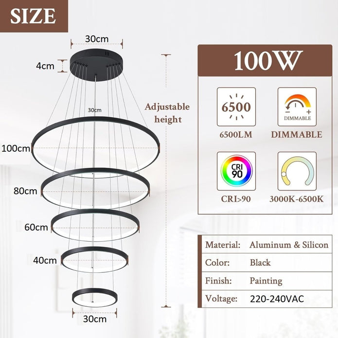 BAMDECOR A18801 Modern LED Chandelier, Dimmable Pendant Light with Remote Control Rings Round Ceiling Lighting Fixture 3 Color Temperatures Contemporary — image 6