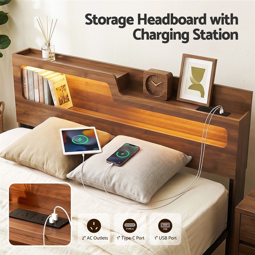 Artiss Double Bed Frame Metal with Charging Station LED Light Storage Shelf — image 5