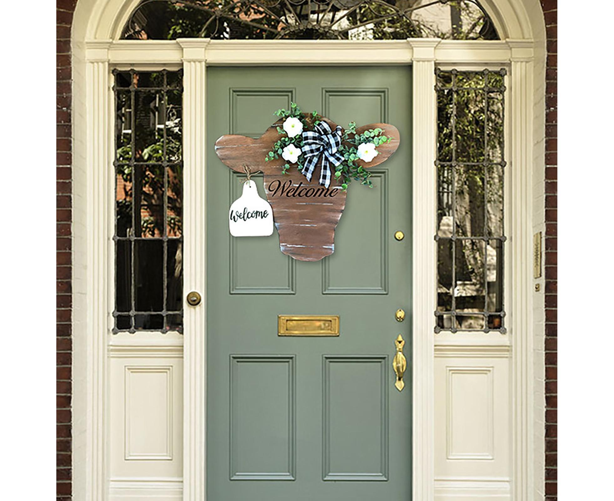 Welcome Porch Sign Cow Head Shaped DIY Craft Acrylic Ornamental Front Door Hanger for Home-Brown — image 2