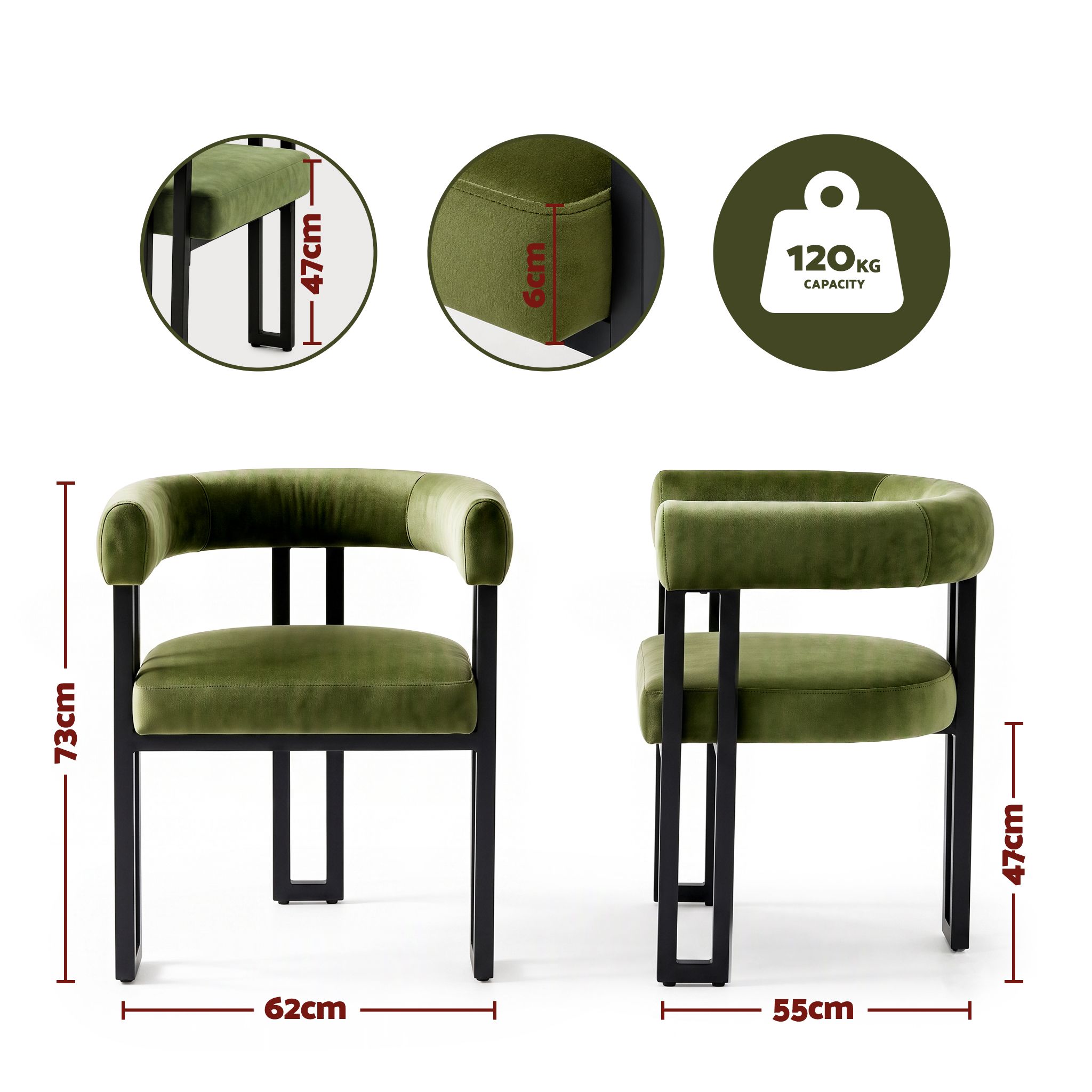 Artiss Dining Chairs Set of 6 Velvet Upholstered Barrel Chairs with Curved Armrests & Back Green โ image 2