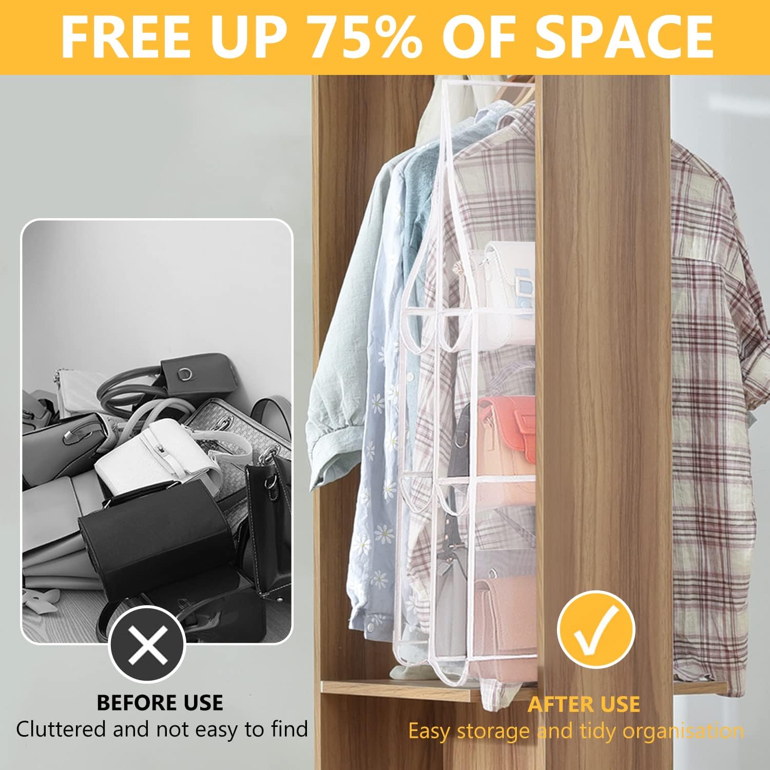 Hanging Handbag Purse Organizer, 2 Pack Transparent Hanging Closet Organizer with 8 Pockets, Washable Dust Proof Nylon Storage Bag for Closet and Wardrobe — image 4