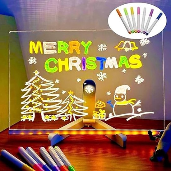 Drawing board - Colored LED whiteboard - Illuminated acrylic whiteboard - Illuminated memo board stand - Glass panel with LED lights and 7 pens - For school