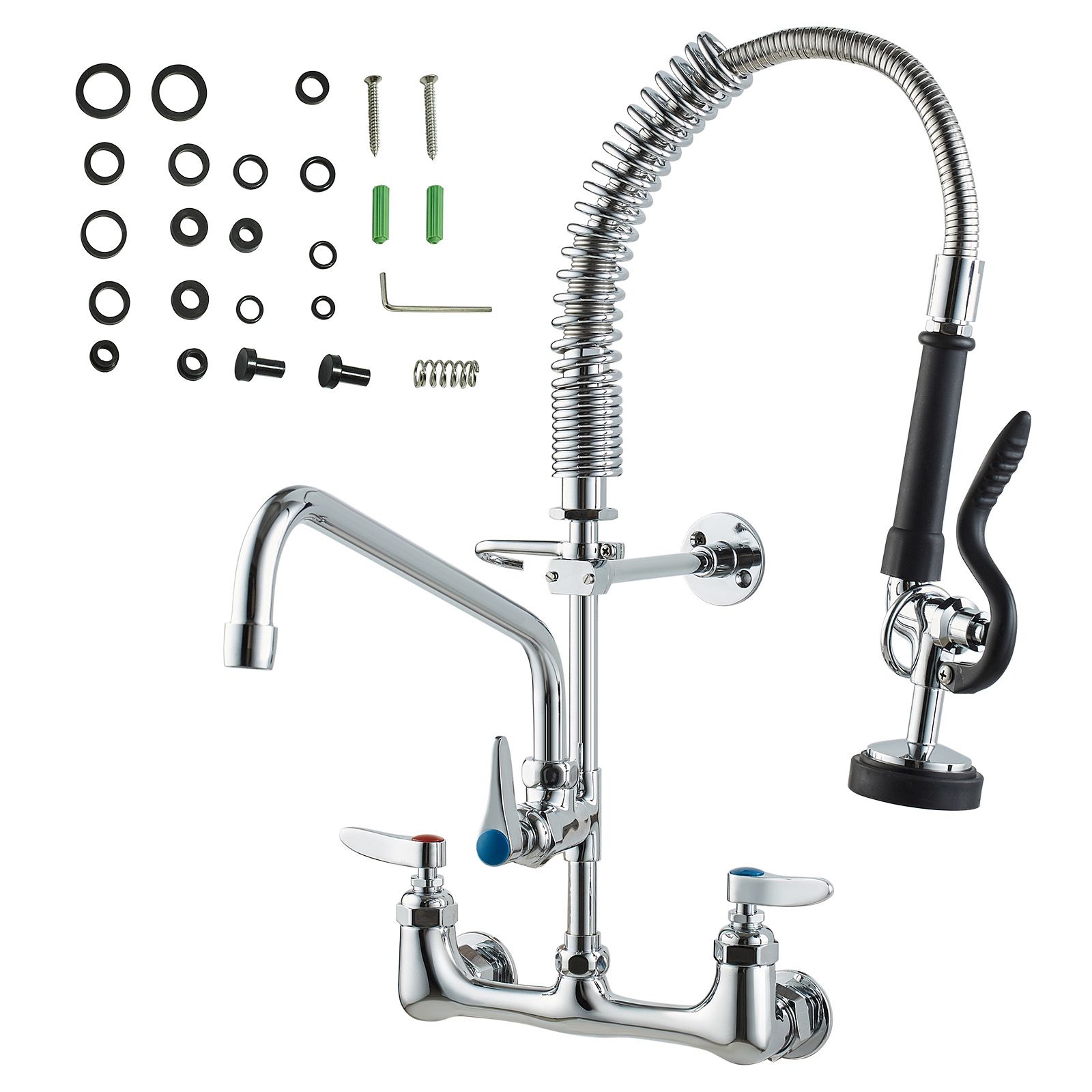 Commercial Faucet with Pre-Rinse Sprayer, 21" Height, 8" Center, 12" Swing Spout, Wall Mount Kitchen Sink Faucet, Brass Constructed Device with Pull Down