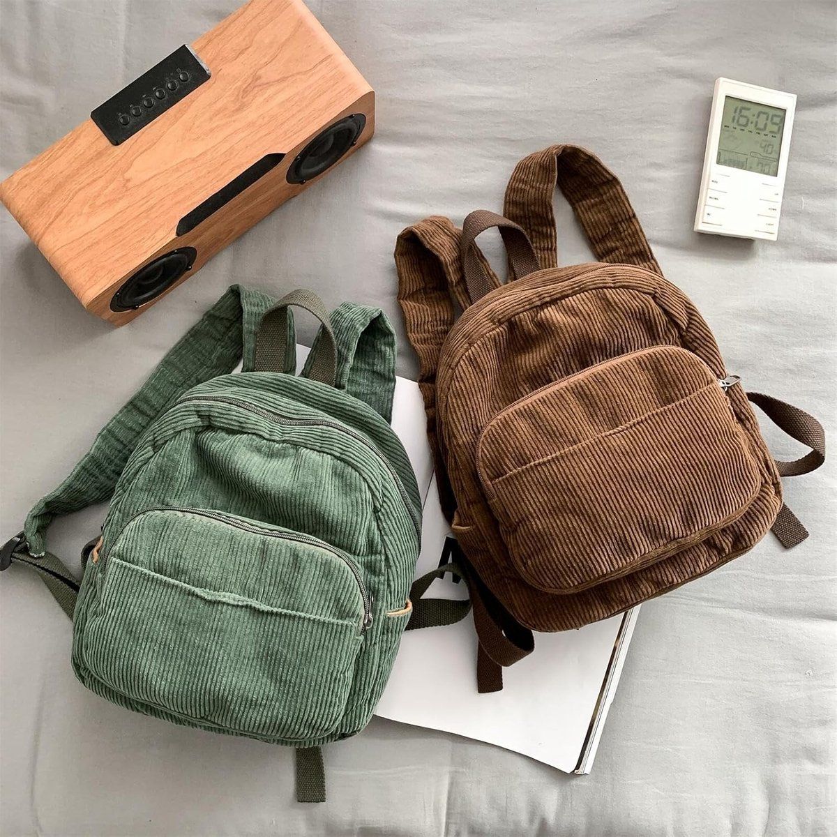 Small Corduroy Backpack for Women and Men, Lightweight Casual Daypack with Storage Pockets for School, Work and Travel, Green — image 4